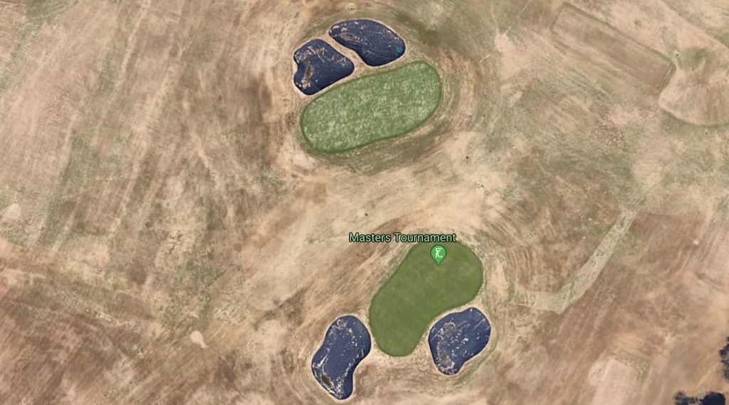 The sandy 9th green (top) in contrast to the bright-green 18th (bottom).