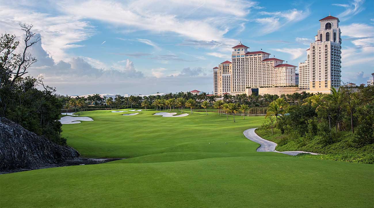 A look at the Jack Nicklaus-designed Royal Blue Golf Club, with the Baha Mar Resort in the background, in the Bahamas.