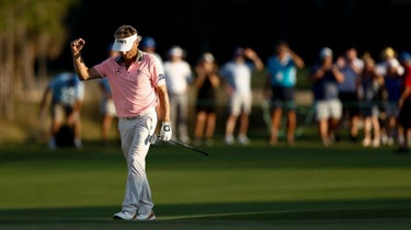 Bernhard Langer of Germany reacts on the 18th green during the final round of the Chubb Classic at Tiburon Golf Club on February 19, 2023 in Naples, Florida.