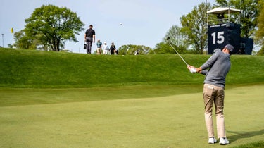 Brendan Steele practices pitch shots from the right side of the 15th green at Oak Hill on Tuesday before the PGA Championship.