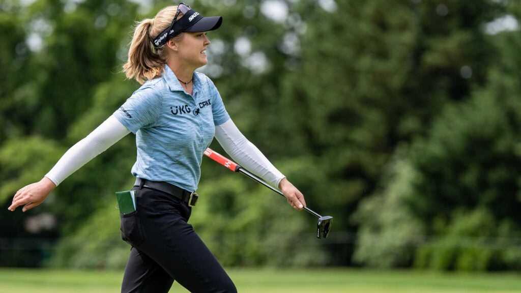 Brooke Henderson reacts to a putt at Baltusrol Golf Club's Lower Course in a practice round for the KPMG Women's PGA Championship on Tuesday, June 20, 2023.