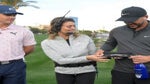 LAS VEGAS, NEVADA - NOVEMBER 26: Amanda Balionis presents Brooks Koepka (R) with a bracelet after beating Bryson DeChambeau during Capital One's The Match V: Bryson v Brooks at Wynn Golf Course on November 26, 2021 in Las Vegas, Nevada. (Photo by David Becker/Getty Images for The Match)