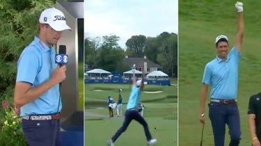 Chesson Hadley celebrates at the wyndham championship.