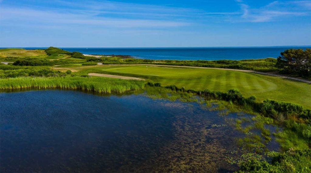 A view of the 2nd hole at Fishers Island in New York, which is a classic Redan.