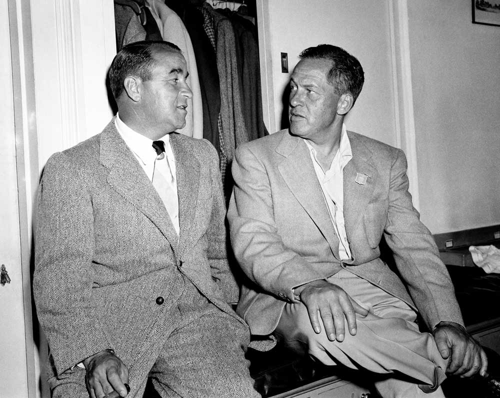 Legends Gene Sarazen and Bobby Jones in the locker room at a Masters in the 1940s.
