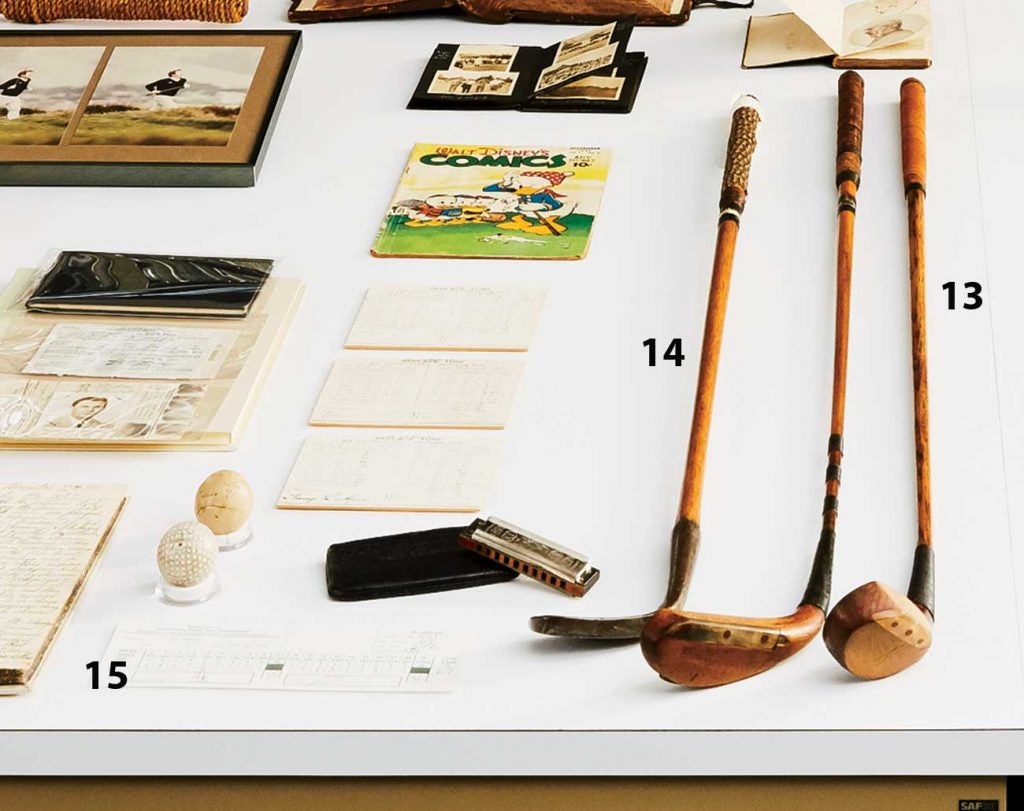 Above: 13. Wood used by FDR (ca. 1915); 14. Vintage sand iron (ca. 1780); 15. Final-round scorecard from Tiger Woods’s record-shattering 2000 U.S. Open victory at Pebble Beach.
