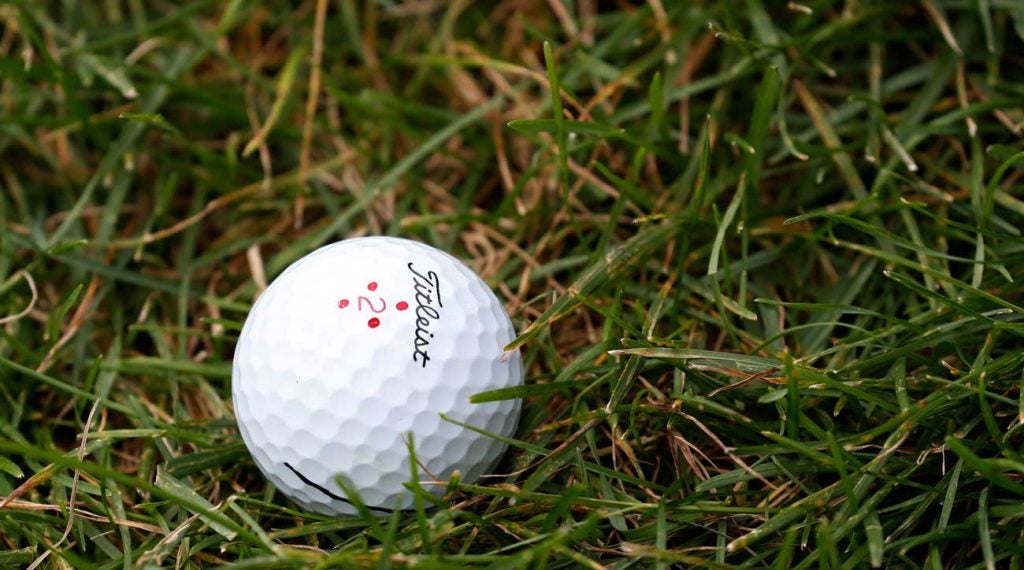 Justin Thomas' golf ball pictured during the final round of the 2019 BMW Championship at Medinah