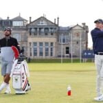 Gordon Sargent of Team USA hits a shot during a Walker Cup practice round on the Old Course at St. Andrews on Monday.