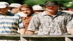 Greg Norman of Australia and Davis Love III of the USA crossing the bridge from the 6th green to the 7th tee during the second round of the US PGA Championships at the Valhalla Golf Club, Louisville, Kentucky, USA.