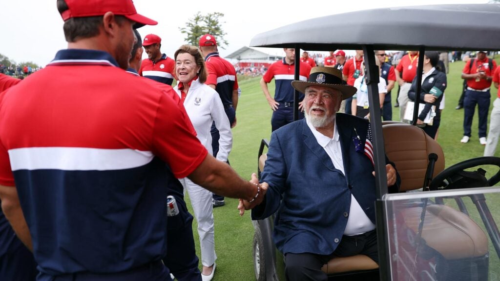Herb Kohler congratulates Brooks Koepka of team United States after the United States defeated Team Europe 19 to 9 to win the 43rd Ryder Cup at Whistling Straits on September 26, 2021 in Kohler, Wisconsin.