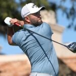 Jon Rahm hits drive during third round of 2023 American Expres