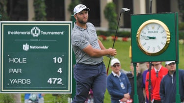 Jon Rahm hits tee shot during 2021 Memorial