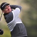 justin rose hits a tee shot on sunday at pebble beach.