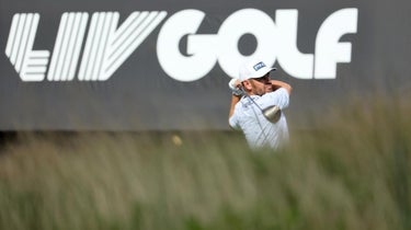 Louis Oosthuizen hits shot during LIV Golf event in Boston