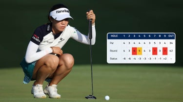 Lydia Ko of New Zealand lines up her putt on the 18th green during Day Three of the Dana Open at Highland Meadows Golf Club in Sylvania, Ohio USA, on Saturday, July 15, 2023.