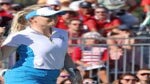 Matilda Castren pumps her fist after winning her match and retaining the Solheim Cup for Europe.