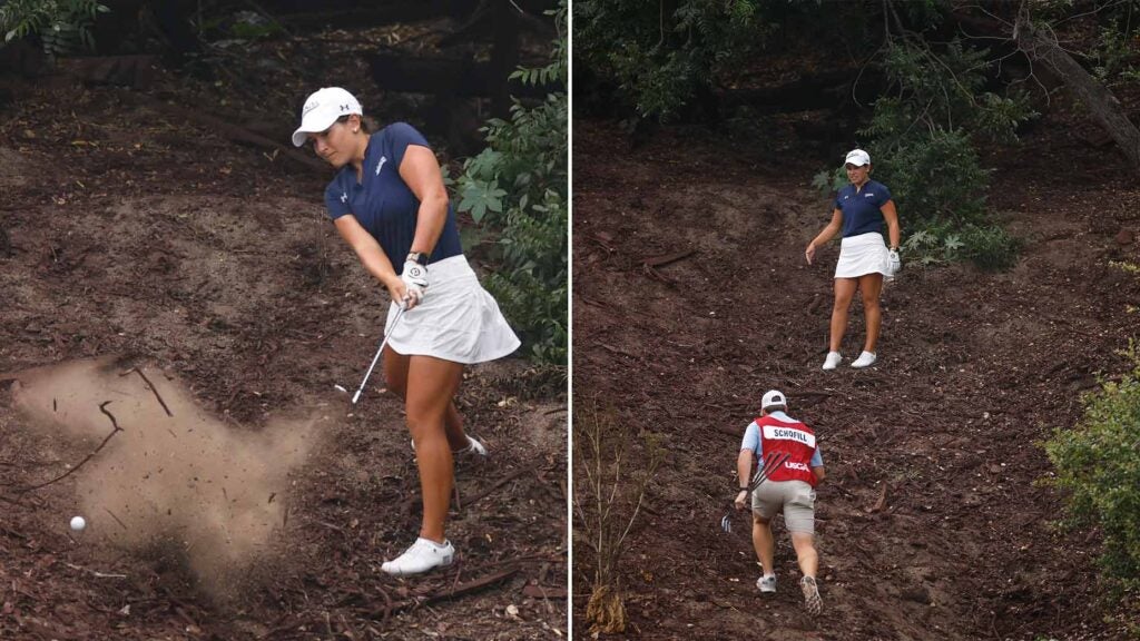 Megan Schofill hits her shot from the rough on the hole 32 hillside during the first round of stroke play of the 2023 U.S. Women's Amateur at Bel-Air Country Club in Los Angeles, Calif. on Sunday, Aug. 13, 2023.