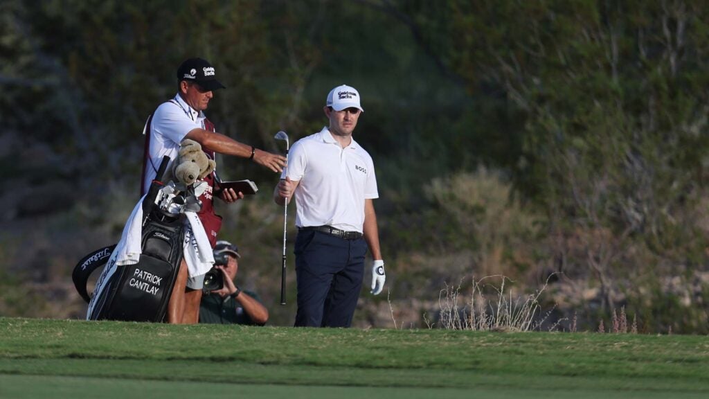 Patrick Cantlay prepares to play his shot from the rough after taking a drop on the 18th hole during the final round of the Shriners Children's Open at TPC Summerlin on October 09, 2022 in Las Vegas, Nevada.