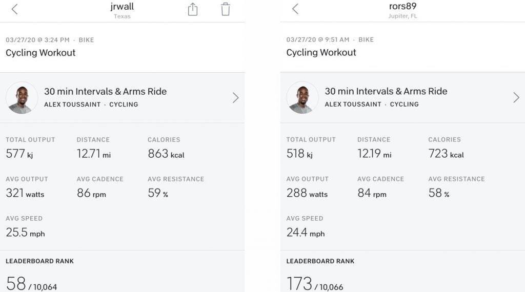Go ahead and frame the stats. Our writer's Peloton numbers (L) versus Rory's.