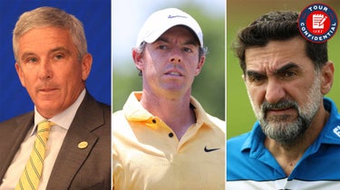 Jay Monahan, Rory McIlroy and Yasir Al-Rumayyan.