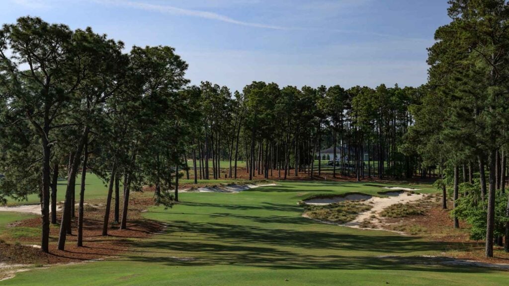 A view from tee on the par 3, 17th hole on the Pinehurst No.2 Course which will be the host course for the 2024 US Open Championship at The Pinehurst Resort on May 11, 2023 in Pinehurst, North Carolina.