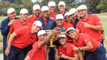 The U.S. team celebrates its win over the Internationals in 2019.