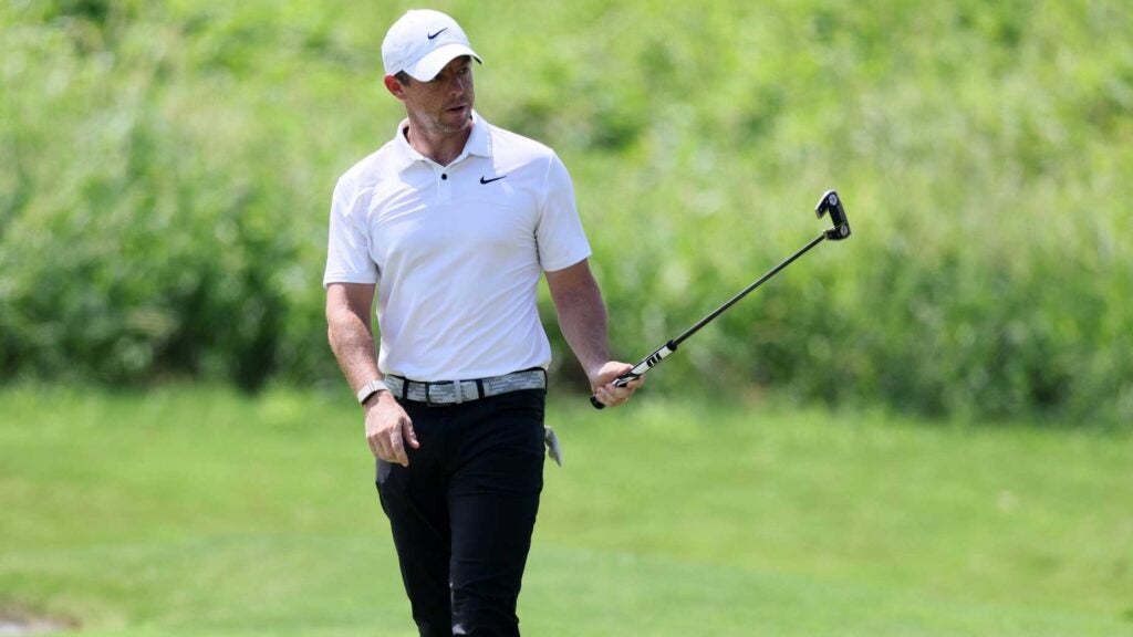 Rory McIlroy of Northern Ireland reacts to his birdie putt on the first green during the third round of the FedEx St. Jude Championship at TPC Southwind on August 12, 2023 in Memphis, Tennessee.