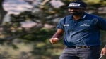 Sahith Theegala of the United States reacts to his putt on the 14th green during the final round of the Fortinet Championship at Silverado Resort and Spa on September 17, 2023 in Napa, California.
