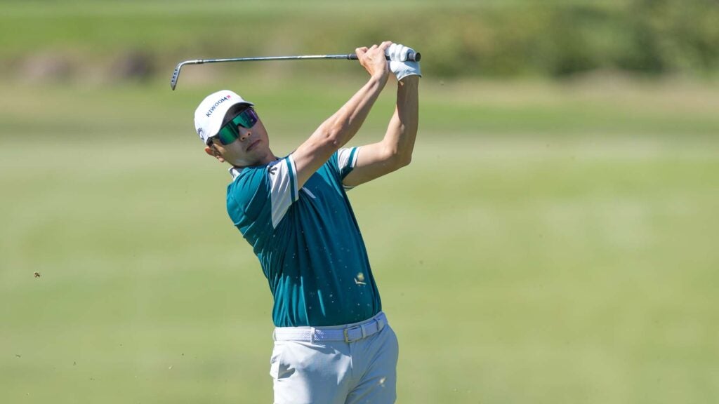 Sangmoon Bae of South Korea hits an approach shot on hole #14 during the second round of the Fortinet Championship at Silverado Resort on September 15, 2023 in Napa, California.