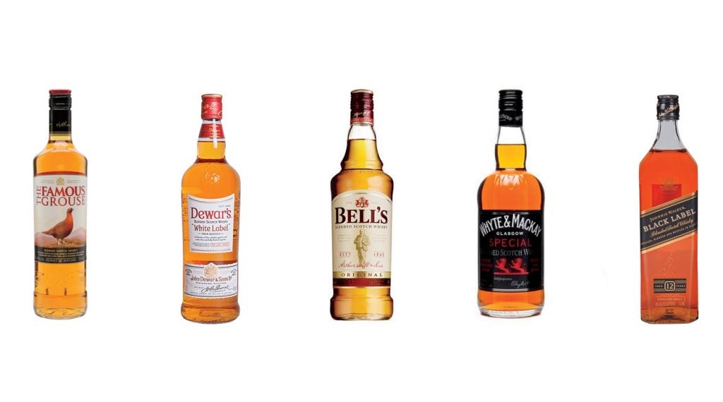From left to right: The Famous Grouse; Dewar's; Bell's; Whyte & Mackay; Johnnie Walker.