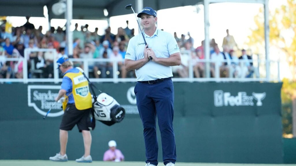 Sepp Straka of Austria reacts to his putt on the 18th green during the first playoff hole during the final round of the Sanderson Farms Championship at The Country Club of Jackson on October 02, 2022 in Jackson, Mississippi.