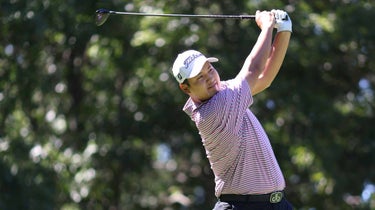 Sihwan Kim of Iron Heads GC plays his shot from the eighth tee during Day One of the LIV Golf Invitational - Boston at The Oaks Golf Course at The International on September 02, 2022 in Bolton, Massachusetts.