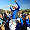 Europe captain Catriona Matthew celebrates on her players' shoulders after Europe won the Solheim Cup at Gleneagles on Sunday.