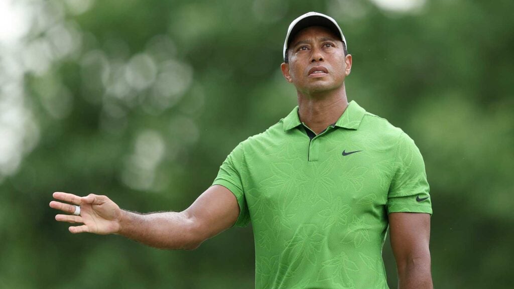 Tiger Woods of the United States plays his shot from the 14th tee during the second round of the 2022 PGA Championship at Southern Hills Country Club on May 20, 2022 in Tulsa, Oklahoma.