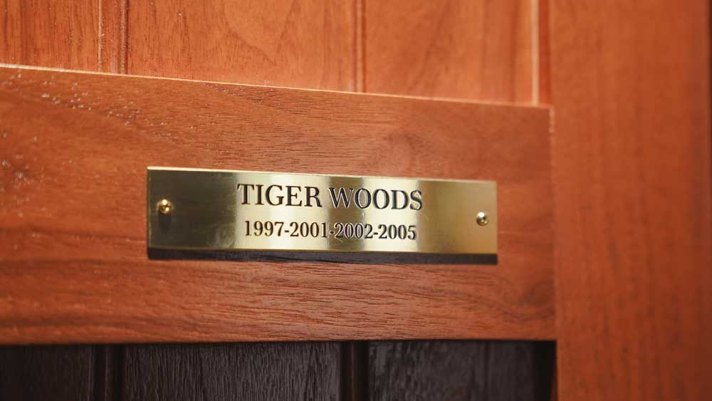 Tiger Woods' plaque on his locker in the Augusta National Champions Locker Room.