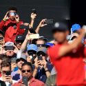 Fans photograph Tiger Woods playing golf