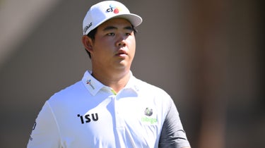 Tom Kim of South Korea is seen on the third tee during the final round of the Shriners Children's Open at TPC Summerlin on October 09, 2022 in Las Vegas, Nevada.