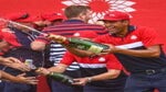 Tony Finau sprays chamapgne in celebration at the 2021 Ryder Cup